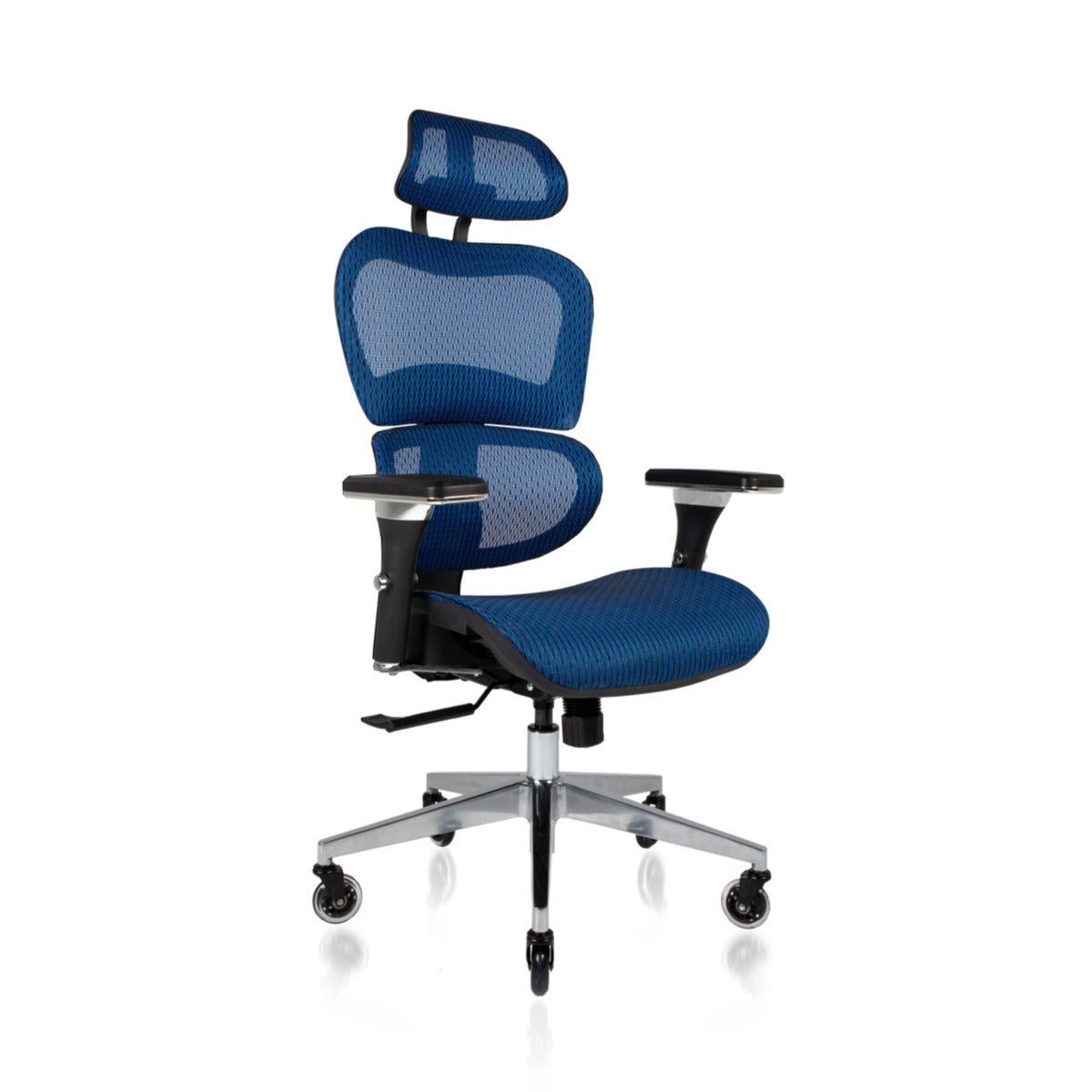 NHO-0001BU-V2,Blue office chair with mesh back and seat on a white background