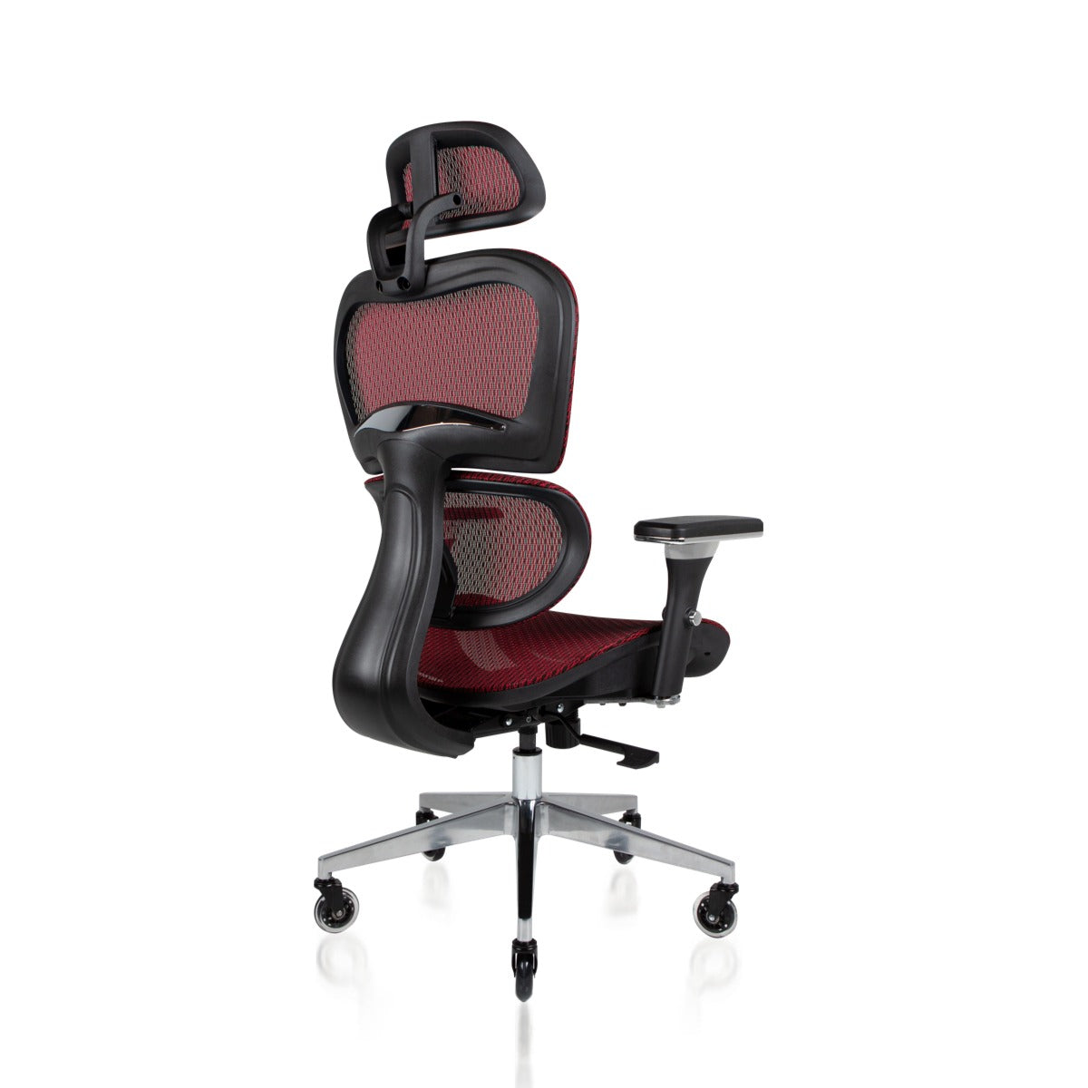 NHO-0001BG-V2,Red office chair with black mesh backrest on a white background