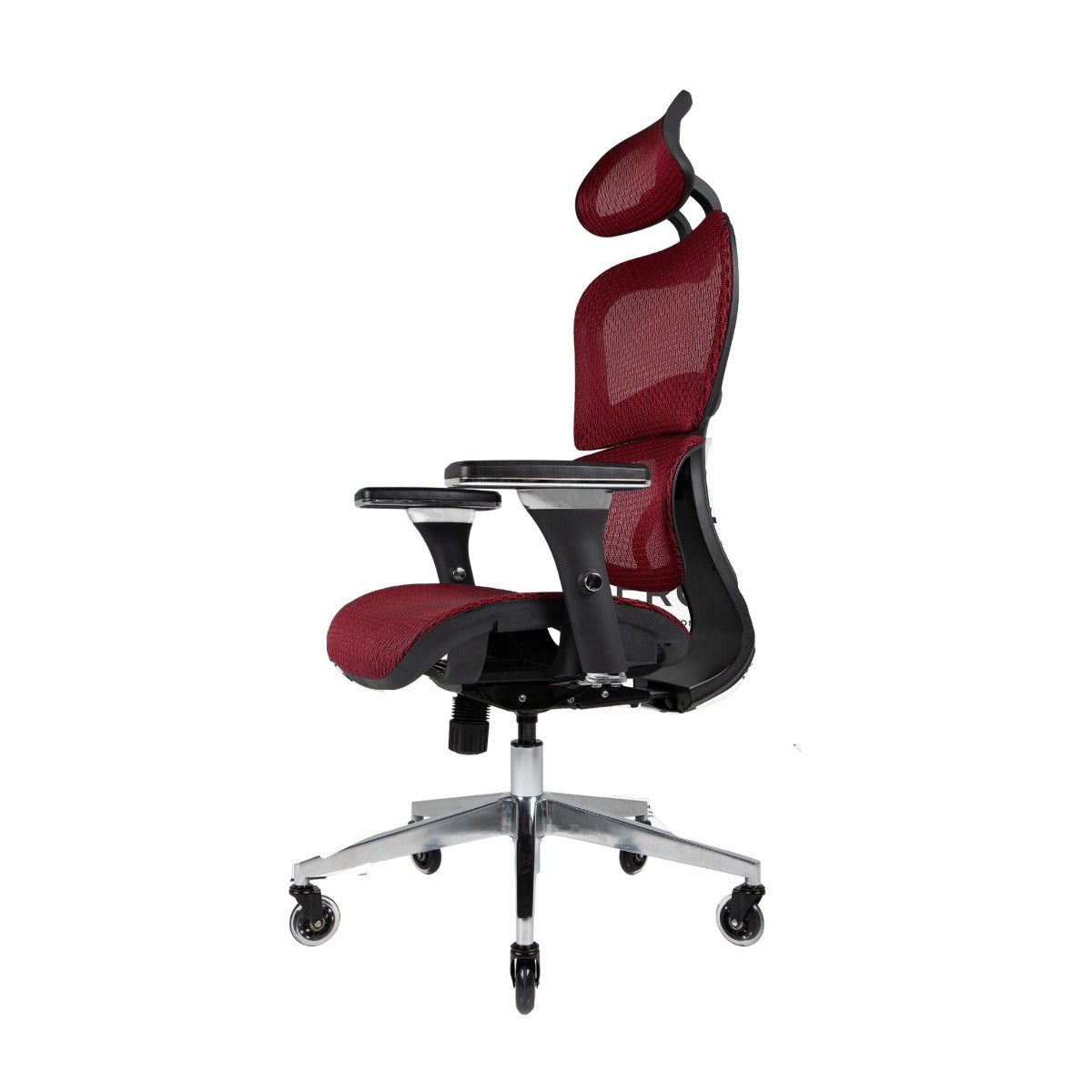 NHO-0001BG-V2,Red office chair with black mesh backrest on a white background