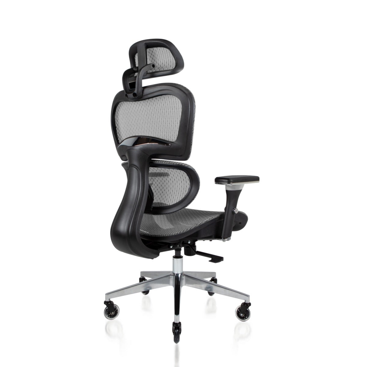 NHO-0001GR-V2, Gray office chair with mesh backrest on a white background