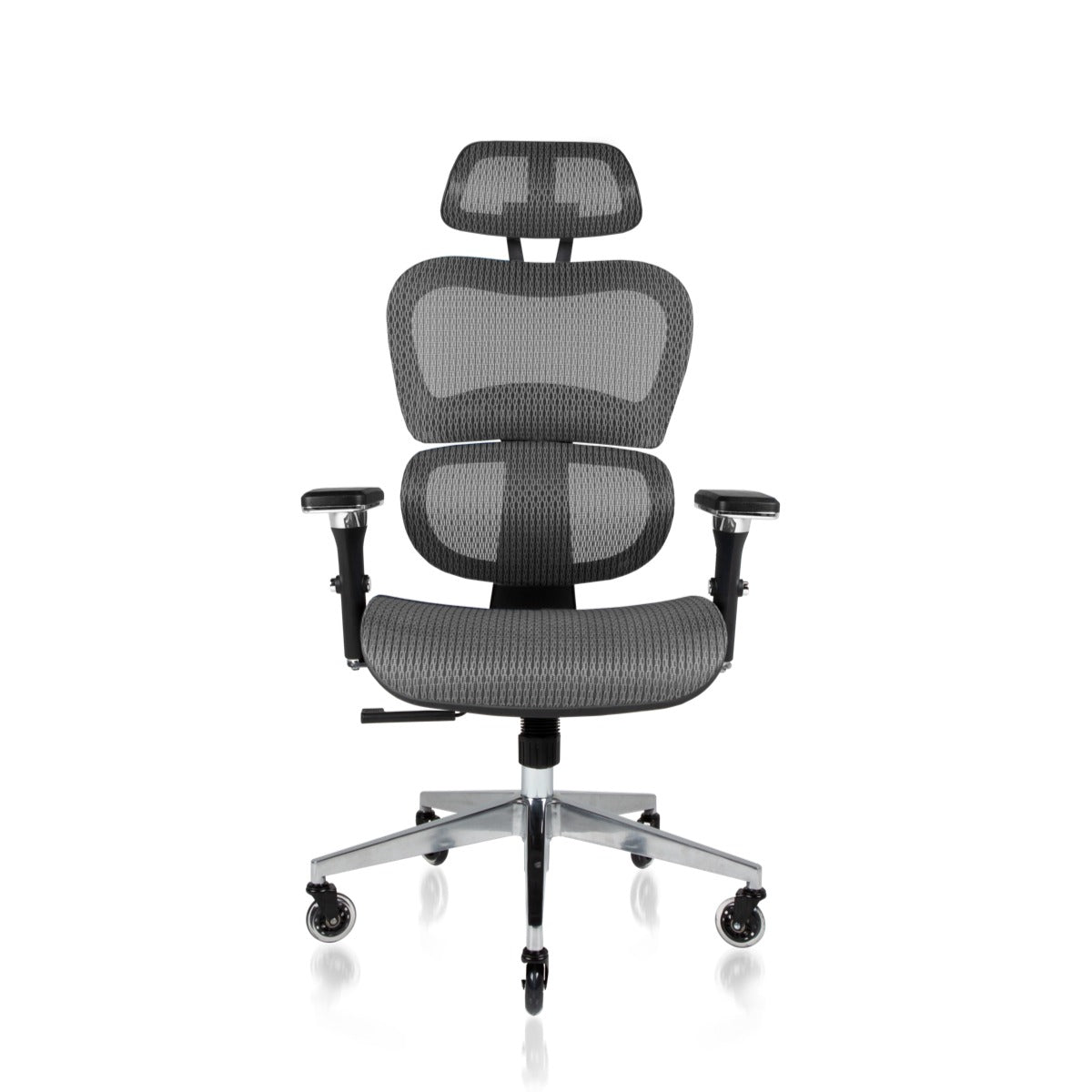 NHO-0001GR-V2, Gray mesh office chair with headrest on a white background