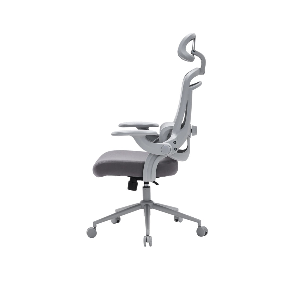 NHO-0013GR,Gray office chair with adjustable headrest on a white background