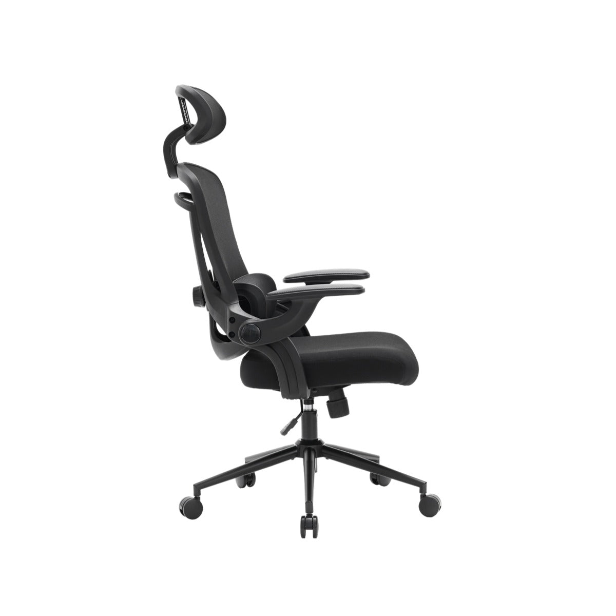 NHO-0013BL,Black office chair with adjustable headrest on a white background