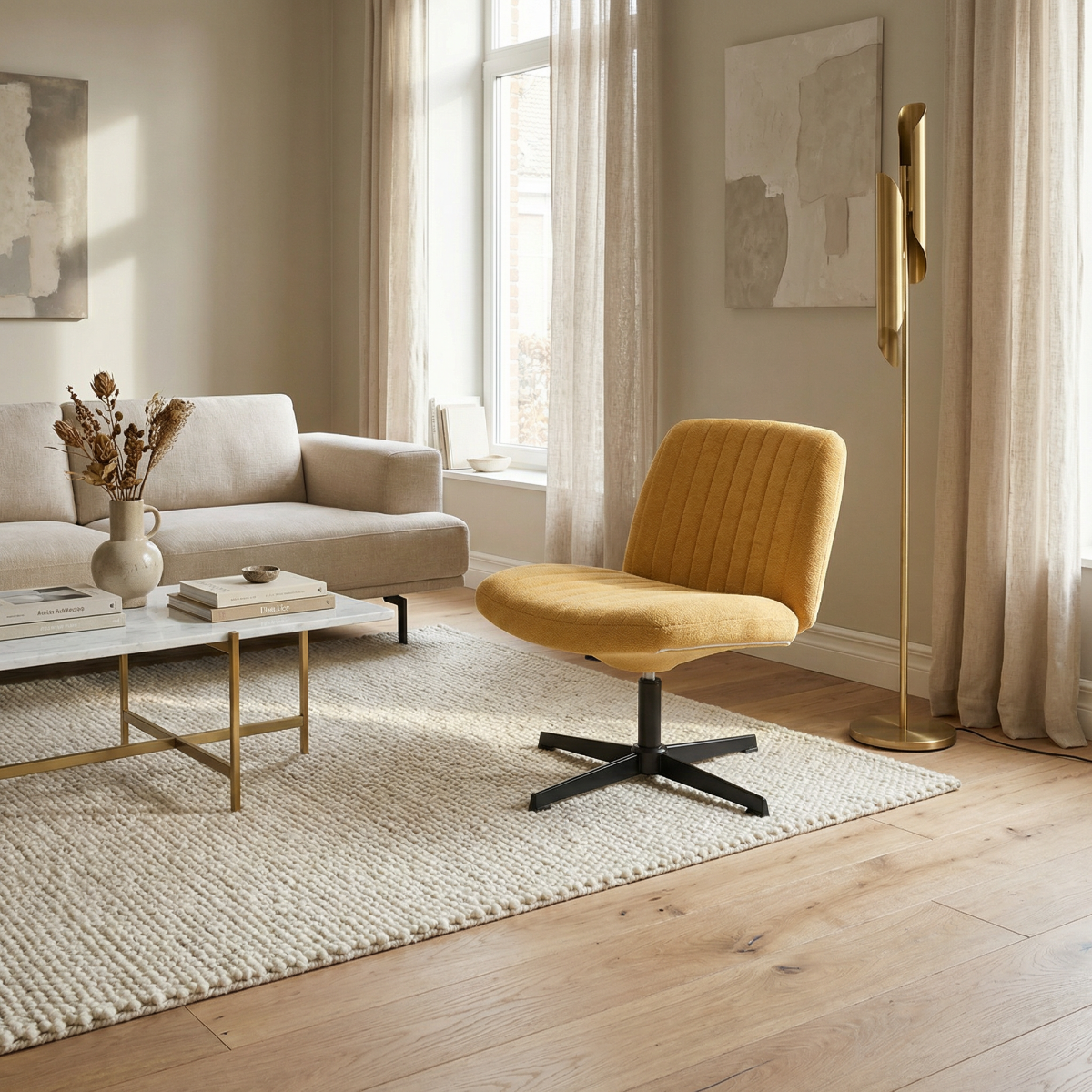 NHO-0012YE, Modern living room with a beige sofa, yellow chair, and a coffee table.