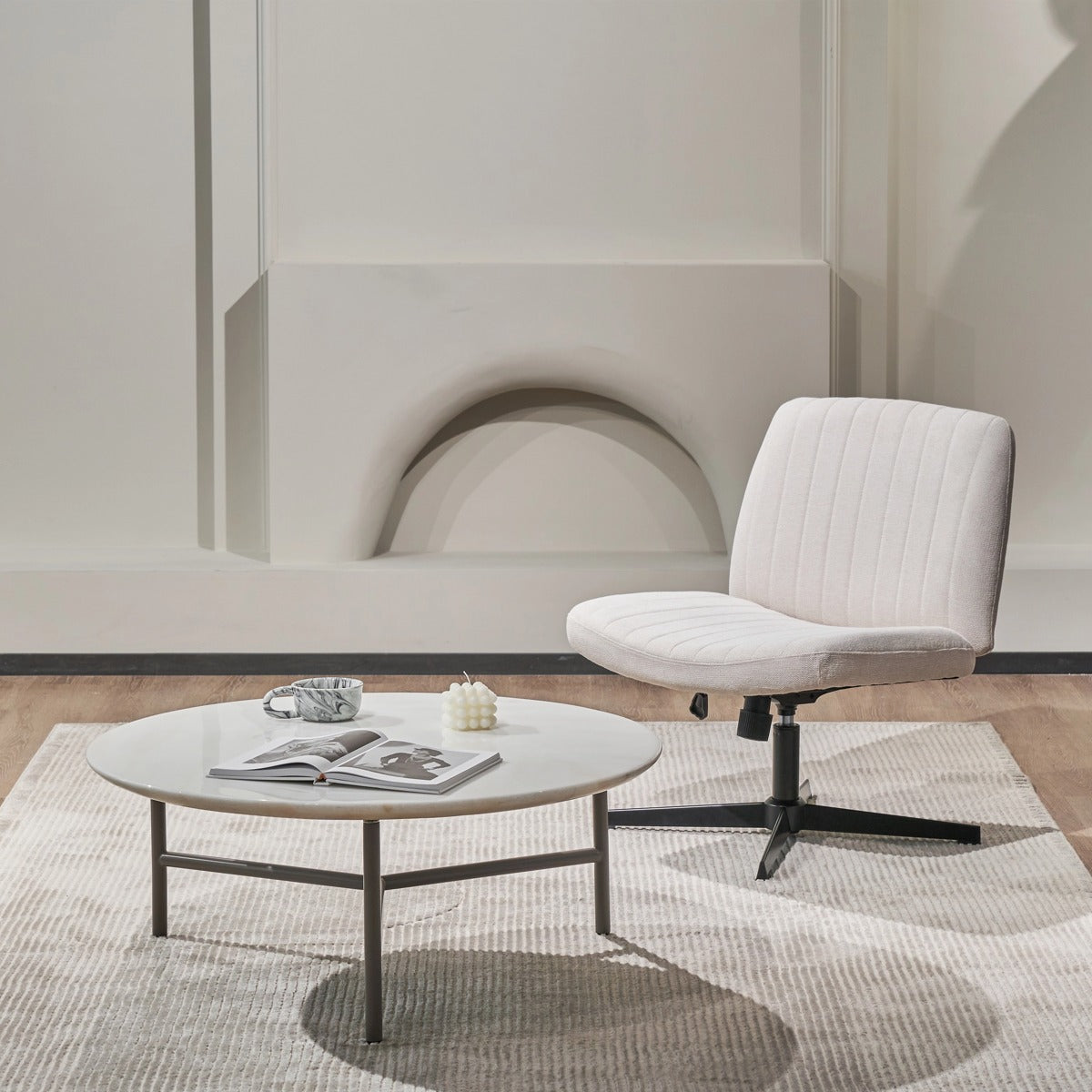 NHO-0012WH,Modern chair and coffee table in a minimalistic room