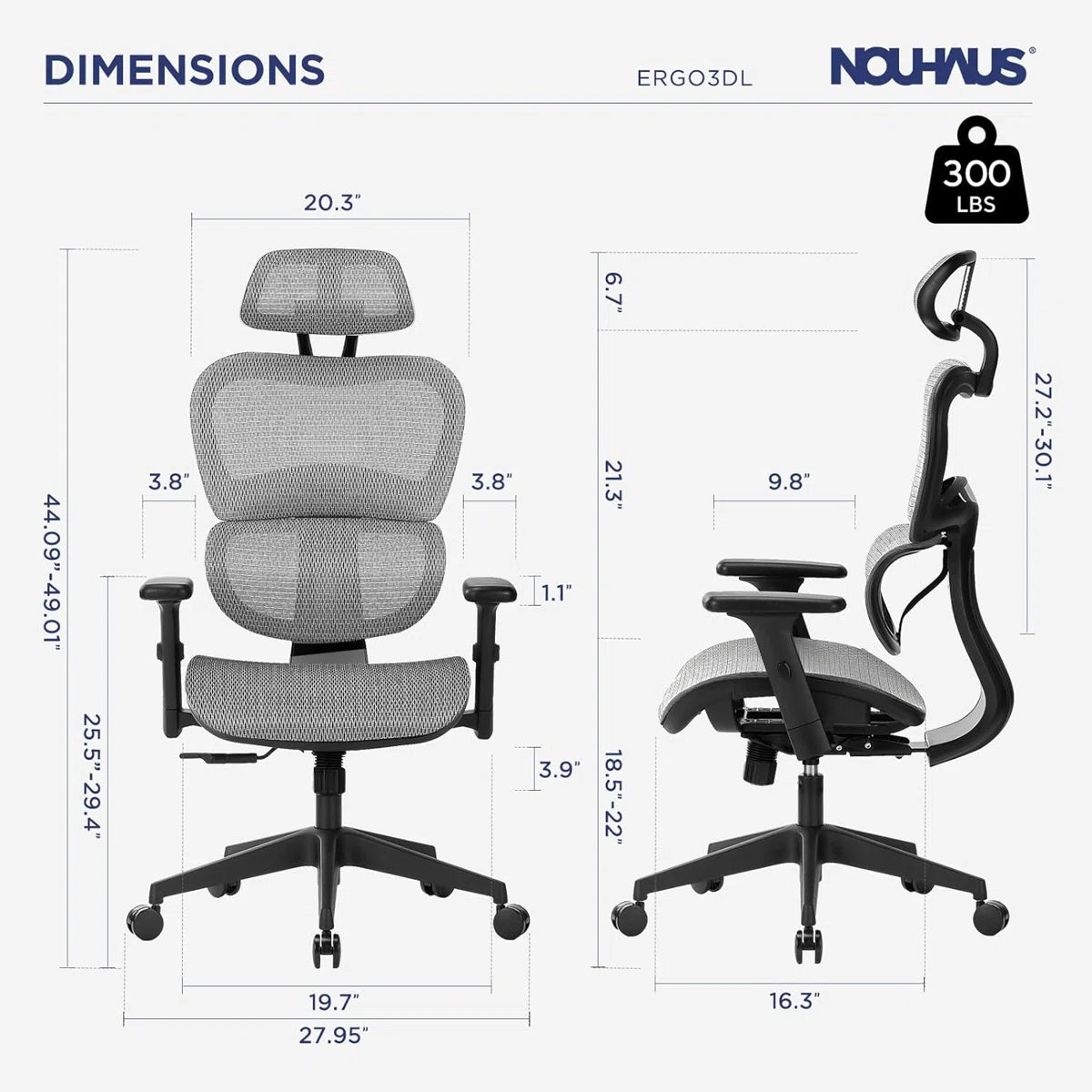 NHO-0001GR-L,Nouhaus Ergo3DL office chair with dimensions and weight capacity displayed.