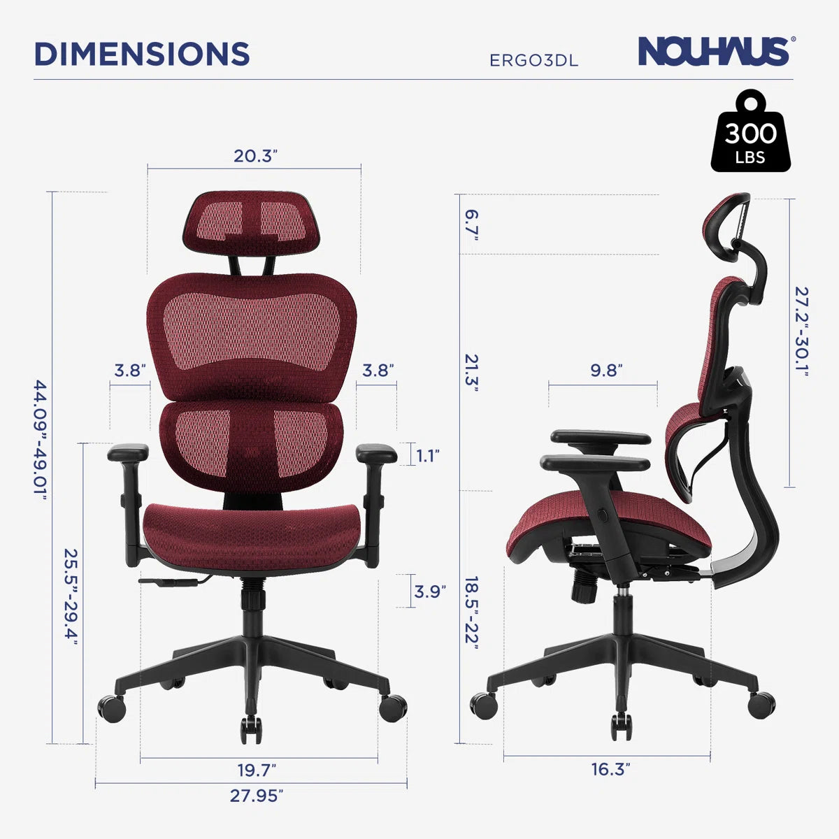 NHO-0001BG-L,Nouhaus Ergo3DL office chair with dimensions and weight capacity displayed.
