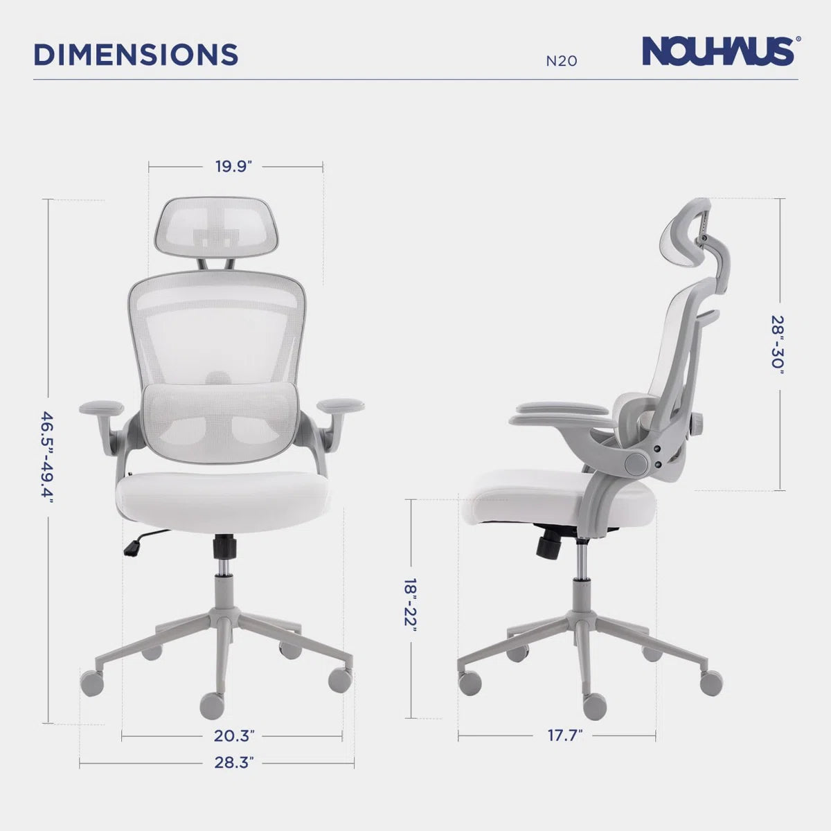 NHO-0013WH,Nouhaus office chair with dimensions on a white background