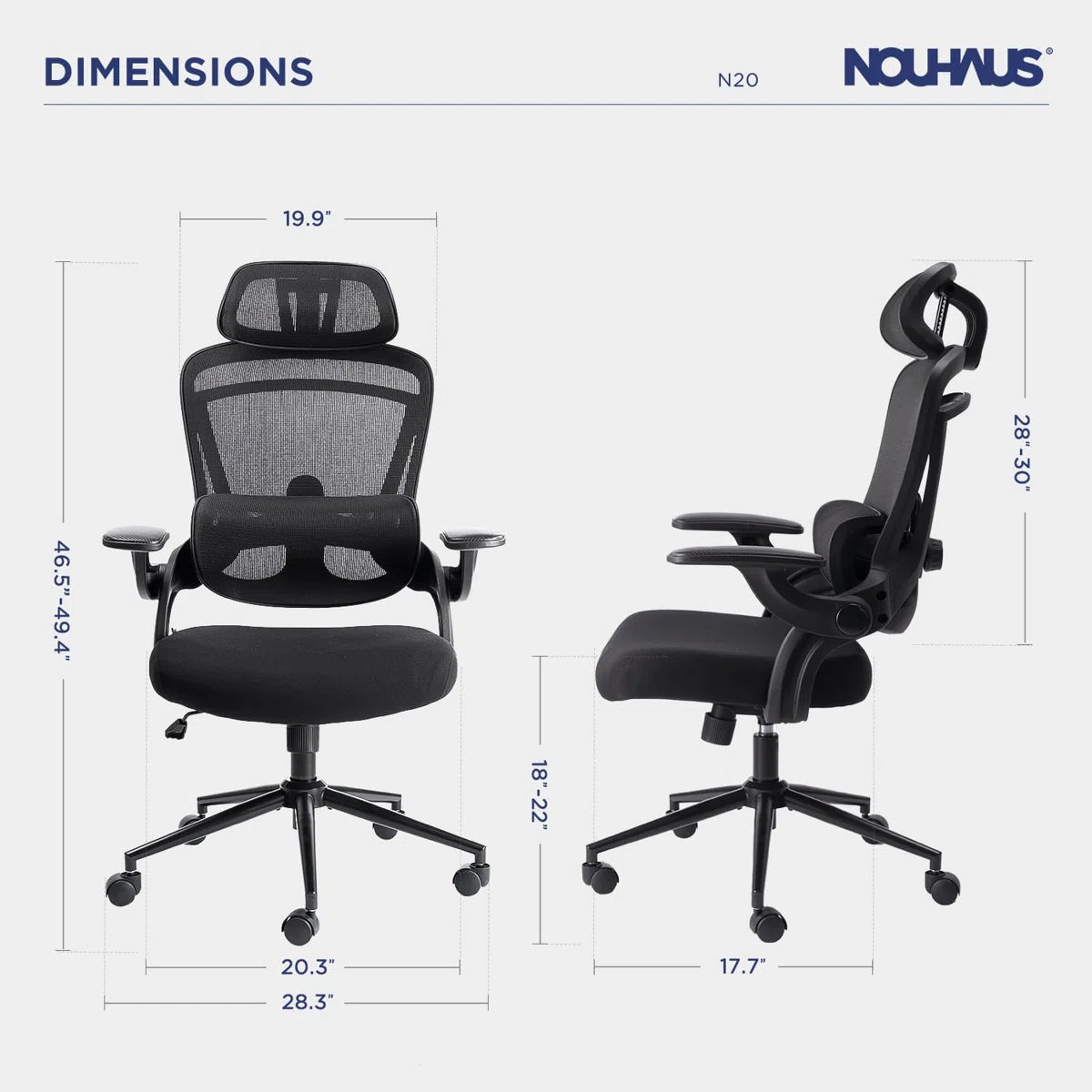 NHO-0013BL,Black office chair with dimensions labeled on a white background, featuring the Nouhaus brand.