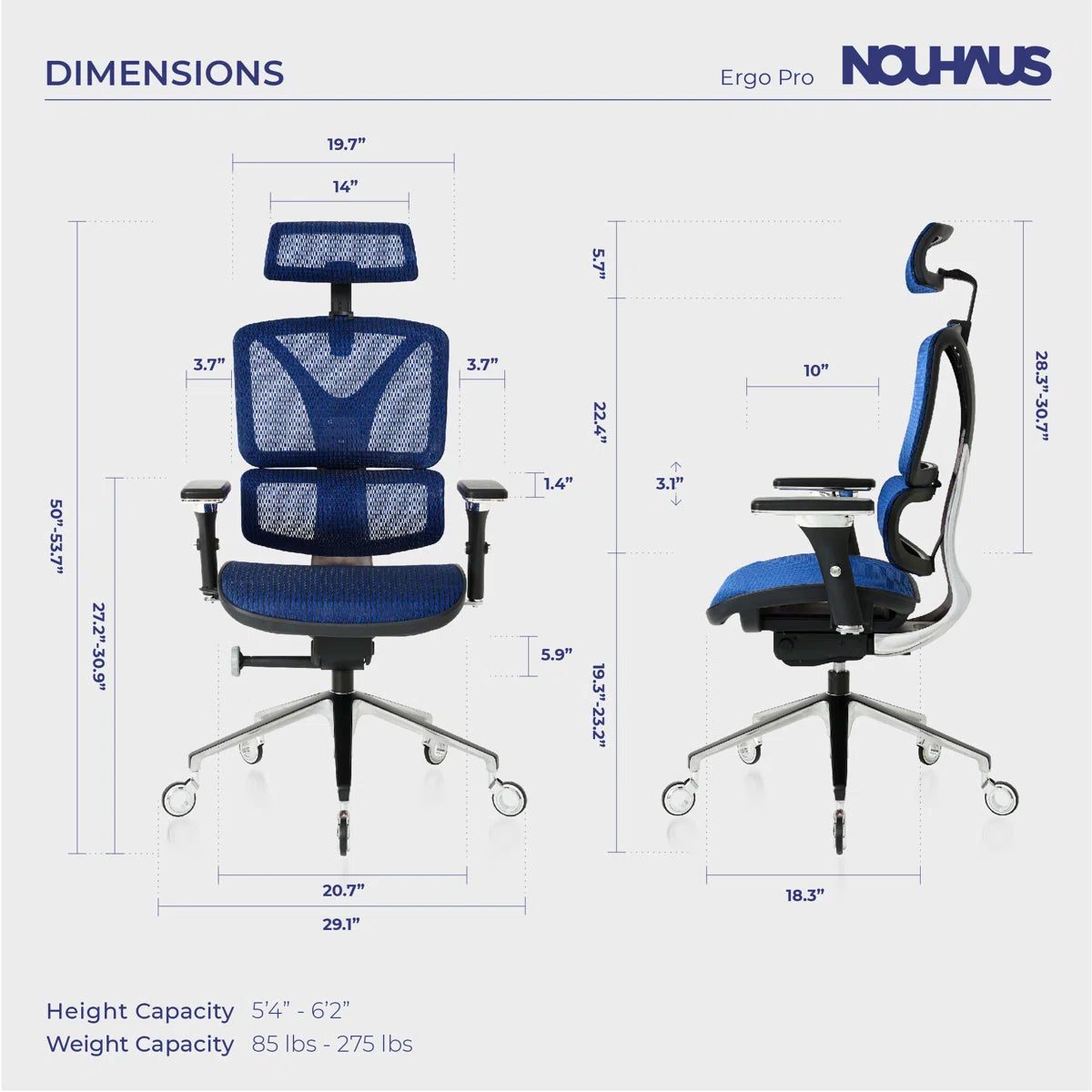 NHO-0005BU,Nouhaus Ergo Pro office chair with dimensions on a white background