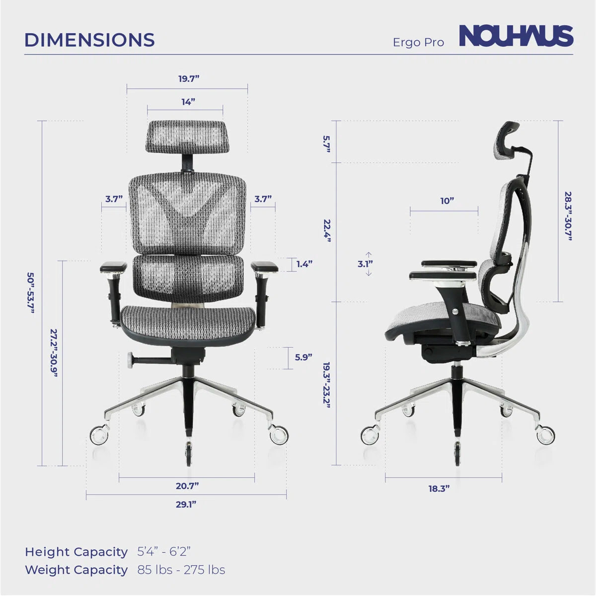 NHO-0005SR,Ergonomic chair dimensions chart for Nouhaus Ergo Pro chair with measurements on a white background.