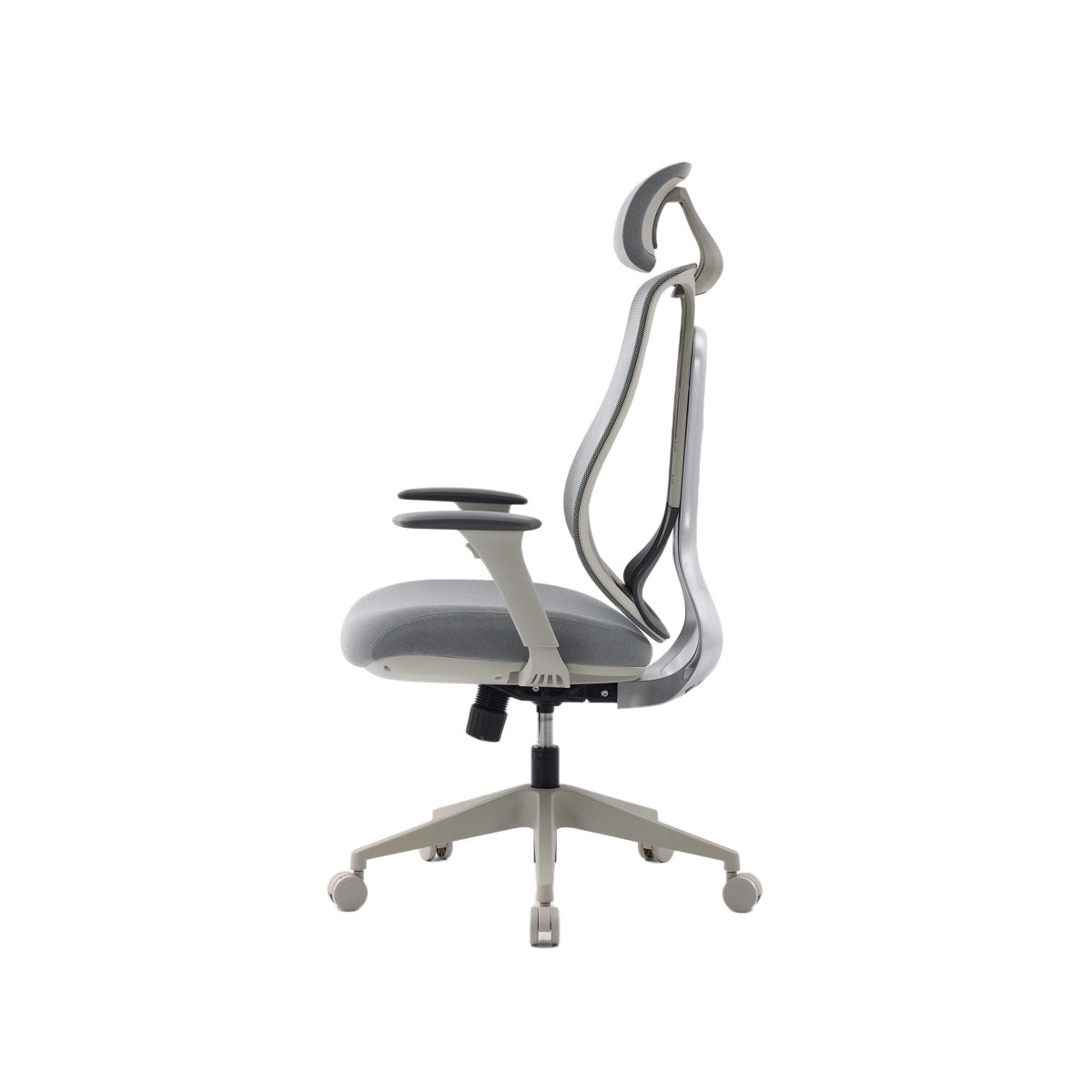 NHO-0025GR,Gray office chair with adjustable armrests on a white background