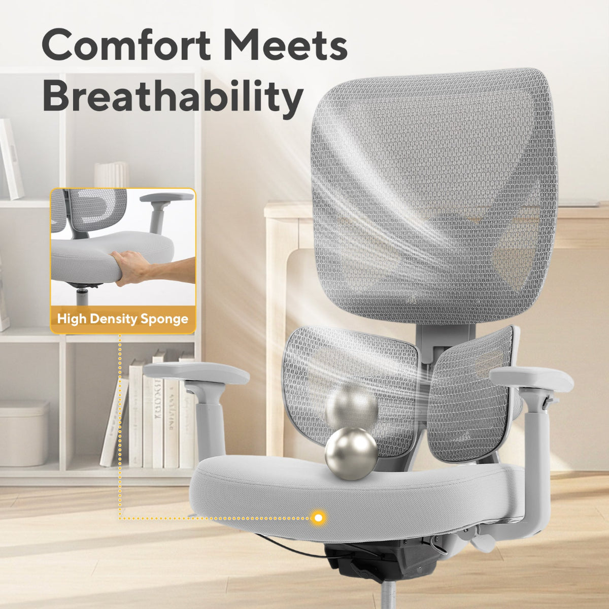 NH0-0023GR,Ergonomic office chair with text highlighting comfort and breathability, set in a modern office setting.