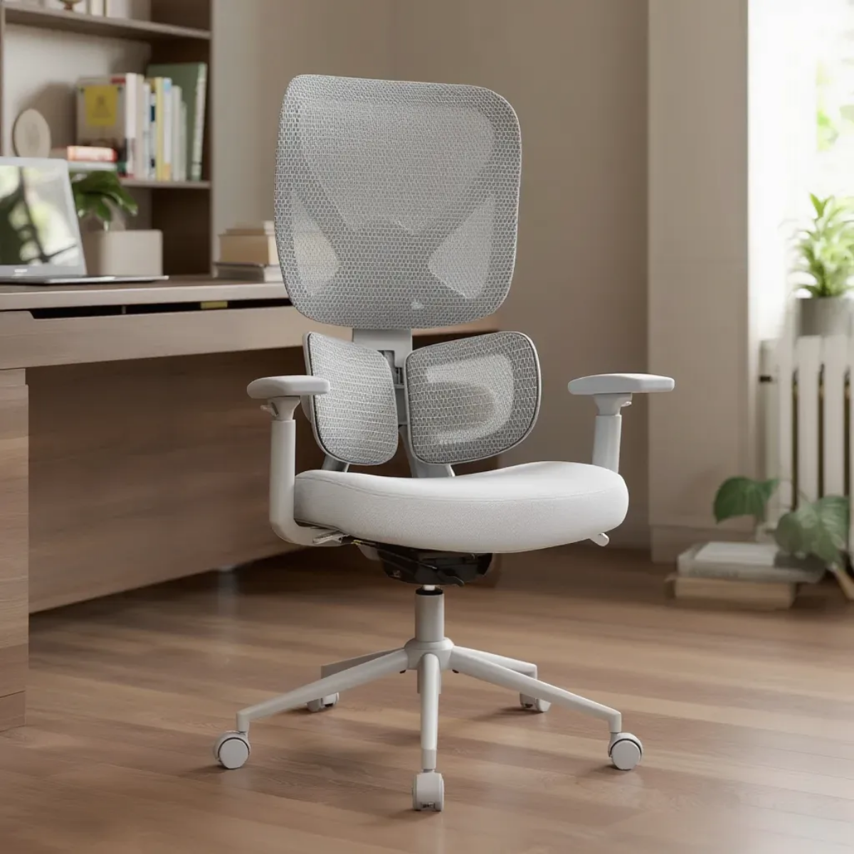 NH0-0023GR,Gray office chair with mesh back in a home office setting