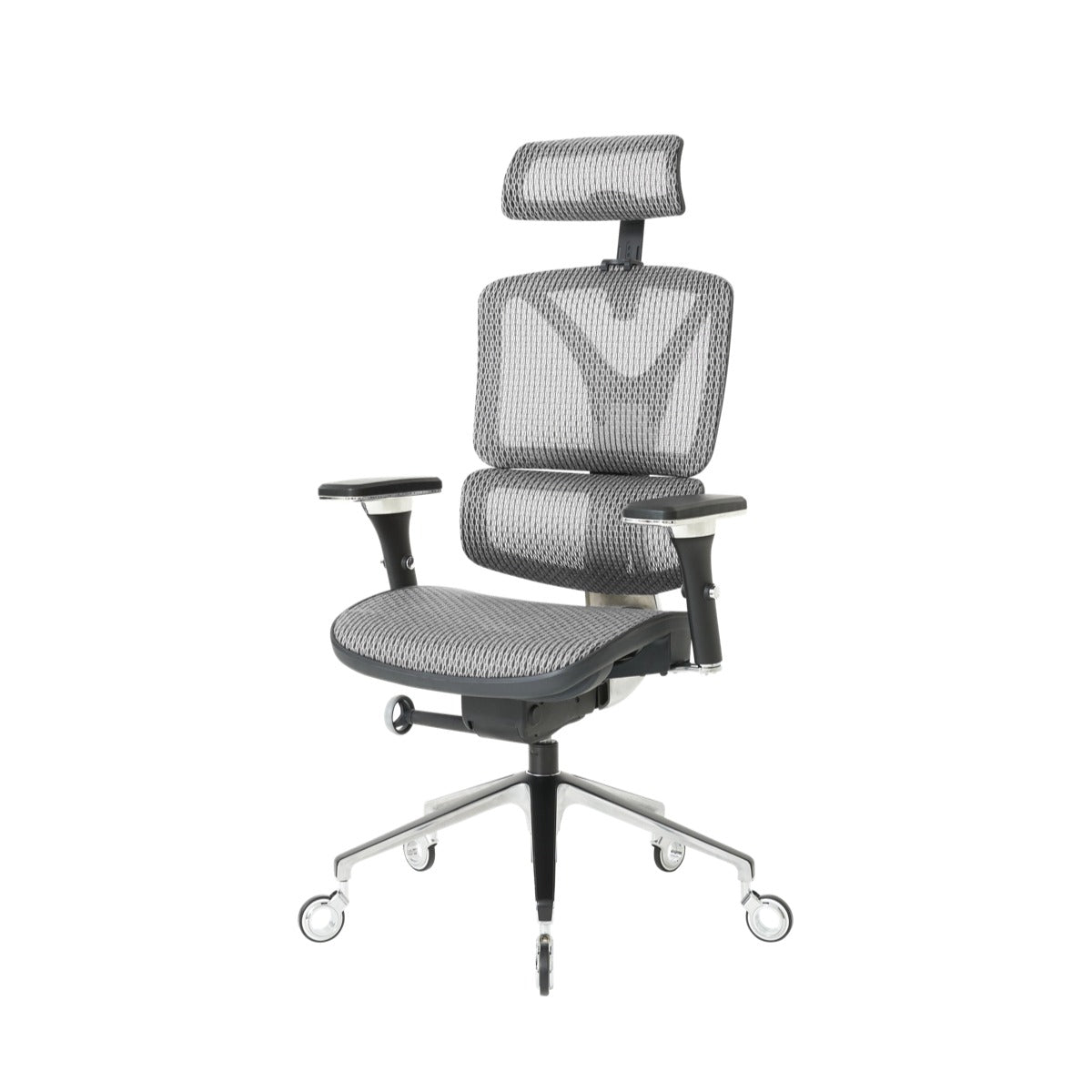 NHO-0005SR,Ergonomic office chair with mesh backrest and adjustable headrest on a white background