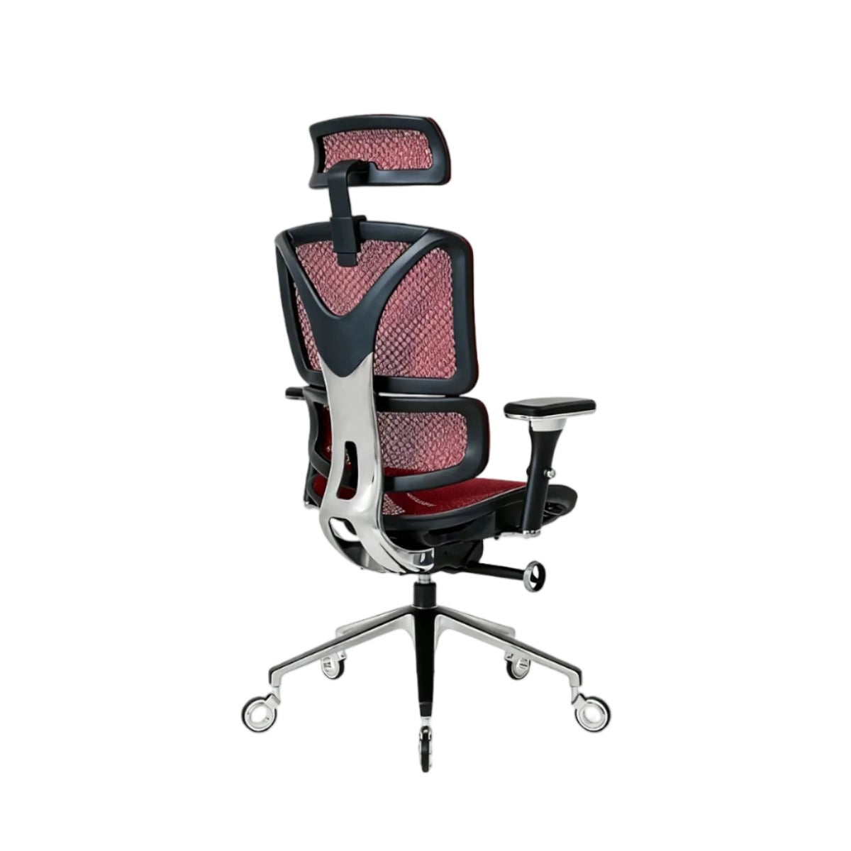 NHO-0005BG,Ergonomic office chair with red mesh back and seat on a white background