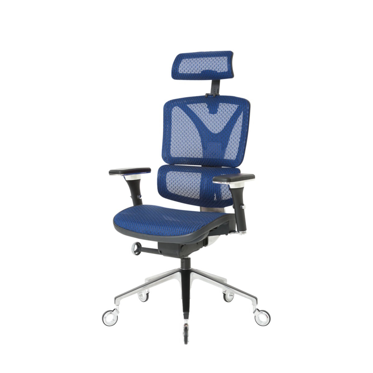 NHO-0005BU,Brilliant Blue office chair with mesh back and armrests on a white background