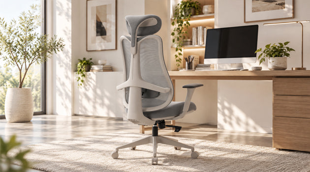 A modern ergonomic office chair in a bright home workspace, designed to support comfortable and productive long-hour desk work.