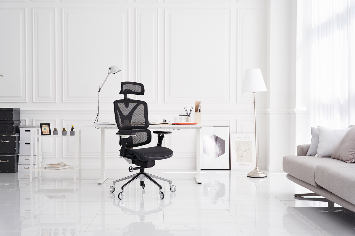 A black chair in an office building.