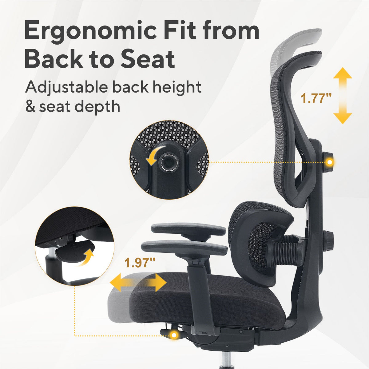 NH0-0023BL,Ergonomic office chair with adjustable back height and seat depth features on a white background.