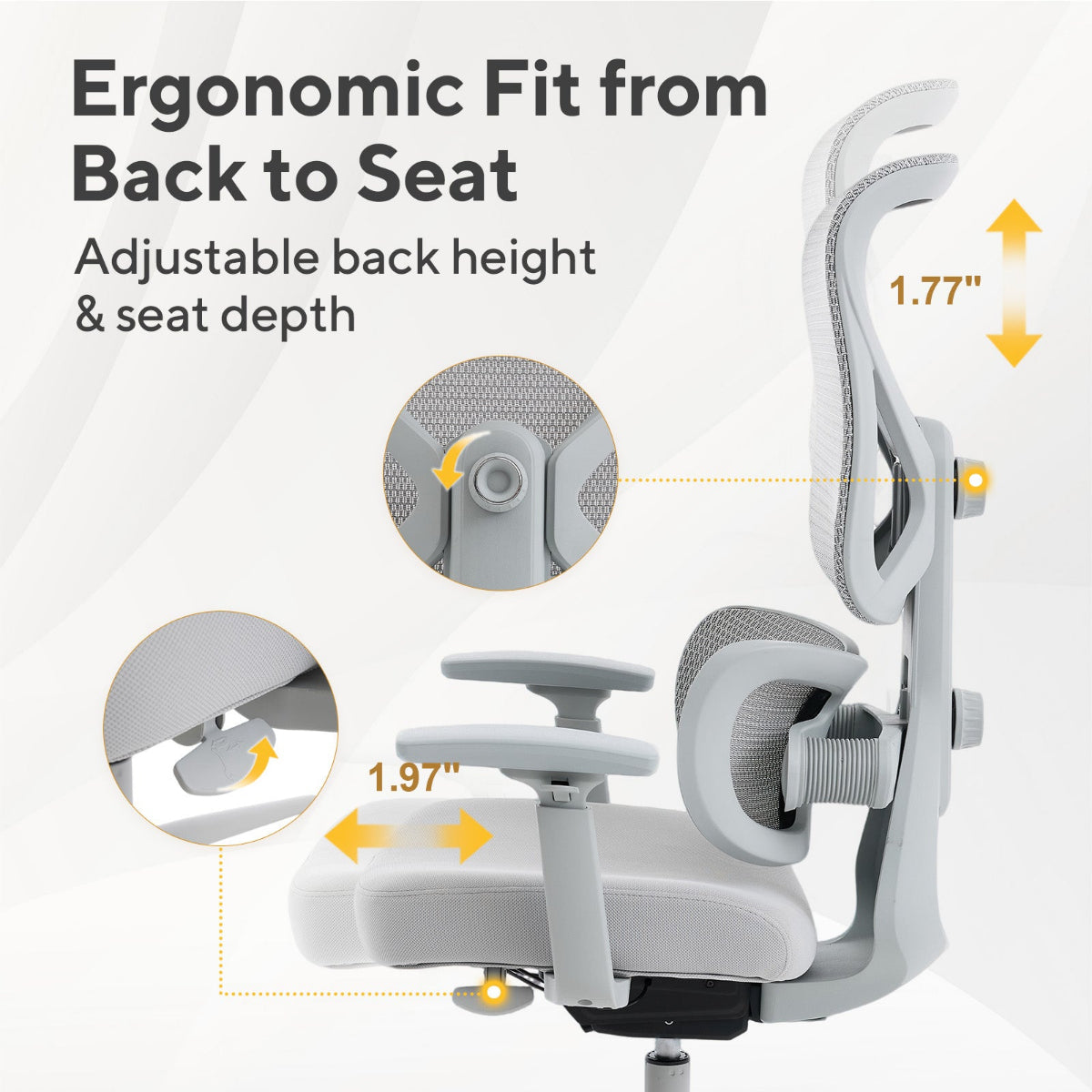 NH0-0023GR,Ergonomic office chair with adjustable back height and seat depth features on a white background.