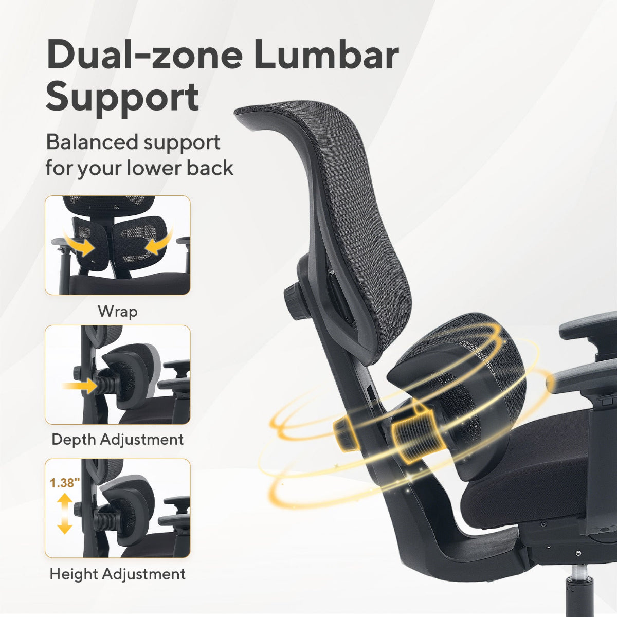 NH0-0023BL,Ergonomic chair with dual-zone lumbar support system on a white background