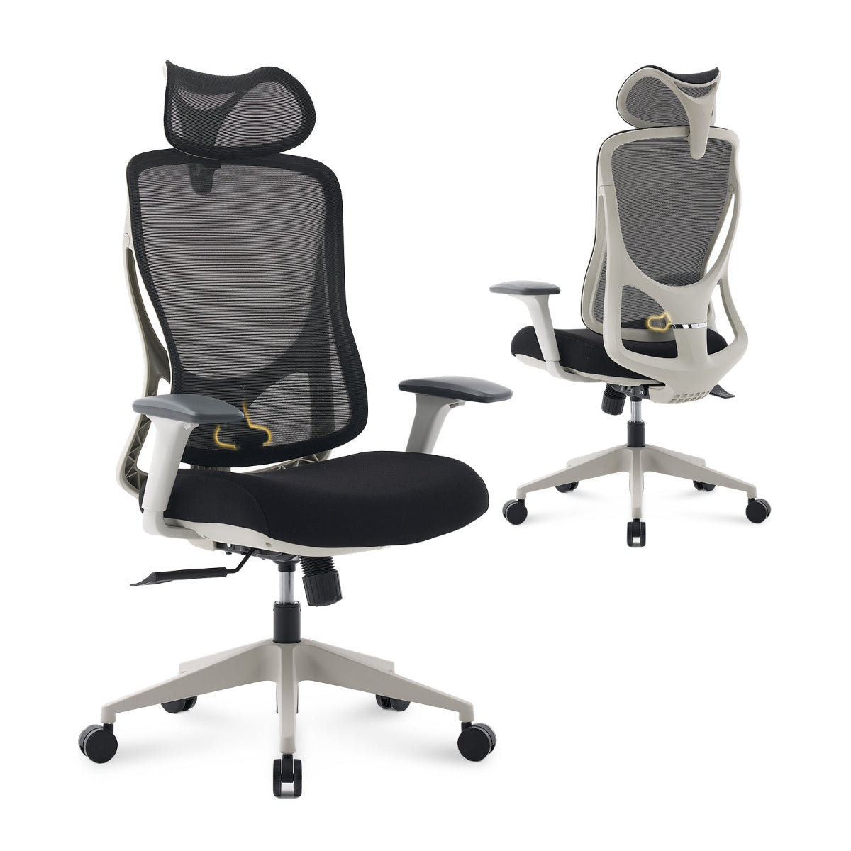 NHO-0026GR,Two office chairs with mesh backrests and black seats on a white background