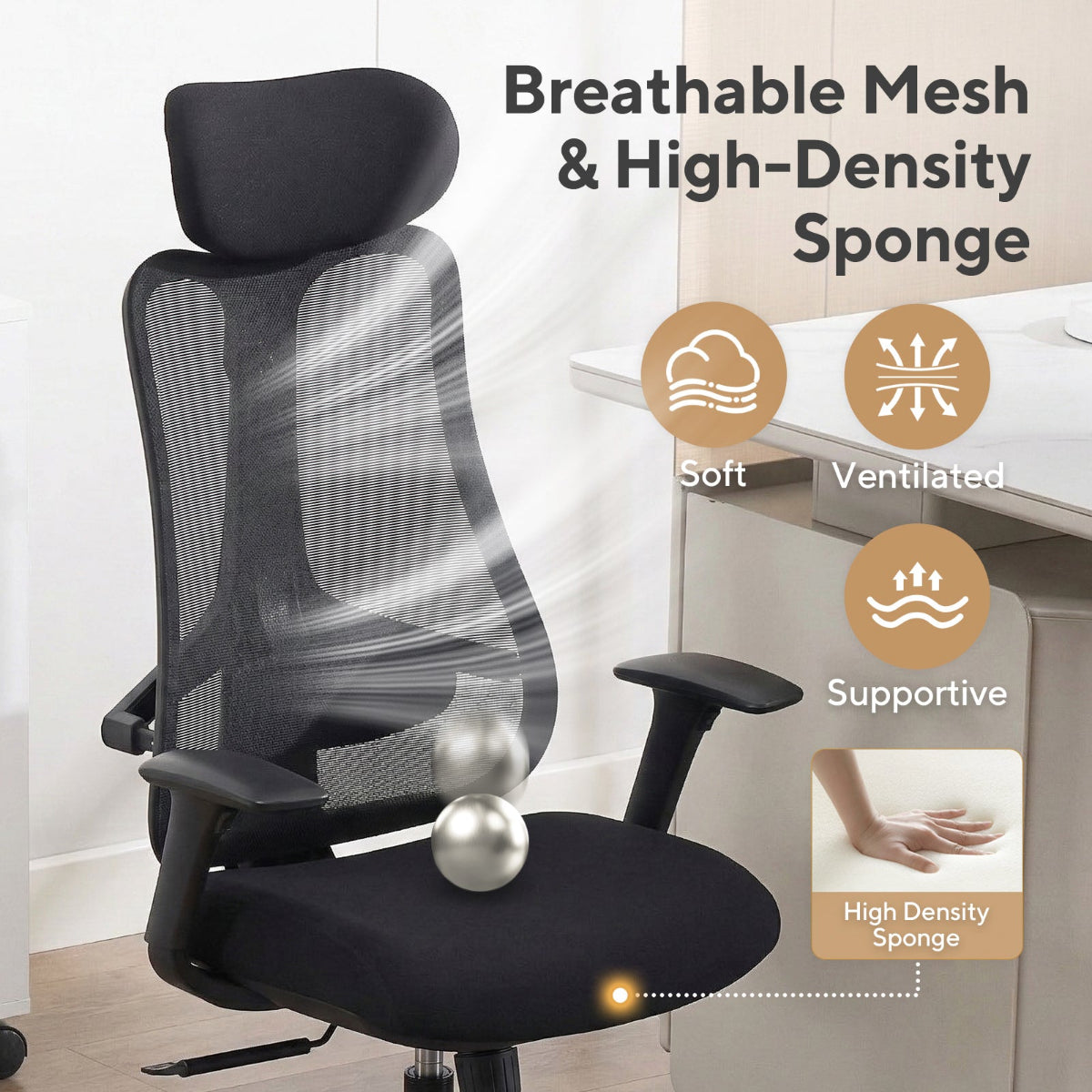 NHO-0024BL,Black office chair with breathable mesh and high-density sponge features, placed in a room.