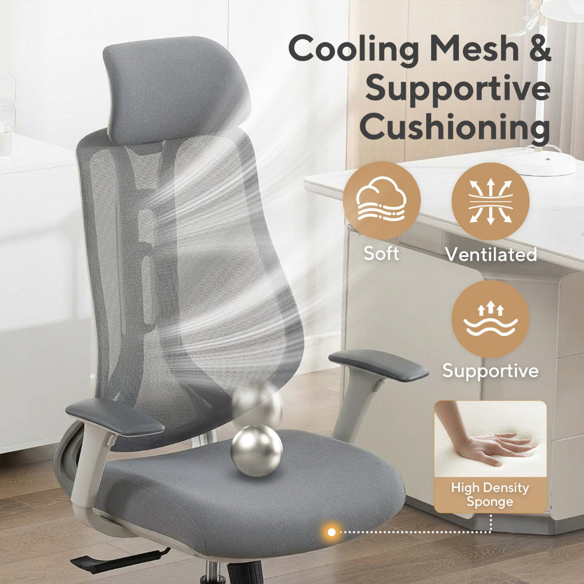 NHO-0025GR,Gray office chair with cooling mesh and supportive cushioning features, shown in a home office setting.
