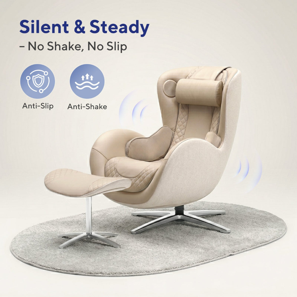 NA-OR148F-GR,Beige recliner chair on a gray rug with 'Silent & Steady' features highlighted.