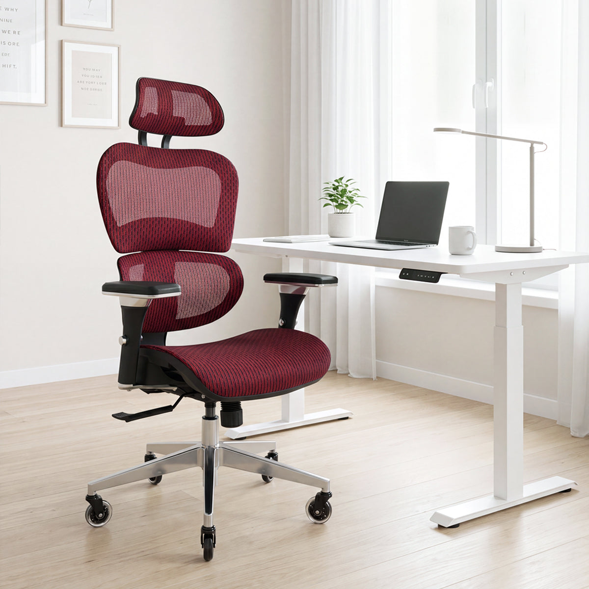 NHO-0001BG-V2, Dark Burgundy ergonomic mesh office chair in a bright, modern home office during a sunny afternoon. The high-back burgundy chair features an adjustable headrest, lumbar support, and a polished silver base with rollerblade casters, resting on light hardwood floors. In the background, natural sunlight streams through a window with sheer curtains, illuminating a minimalist white desk with a laptop and a small potted plant.