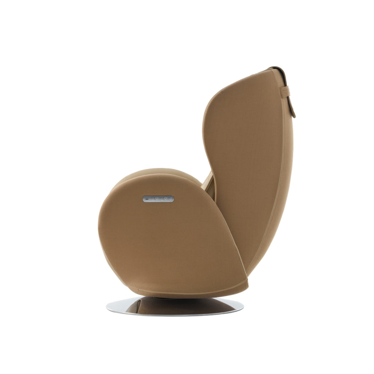 NR-SN100L-SD, a modern egg-shaped massage chair in tan leather, shown from a side profile view on a plain white background.