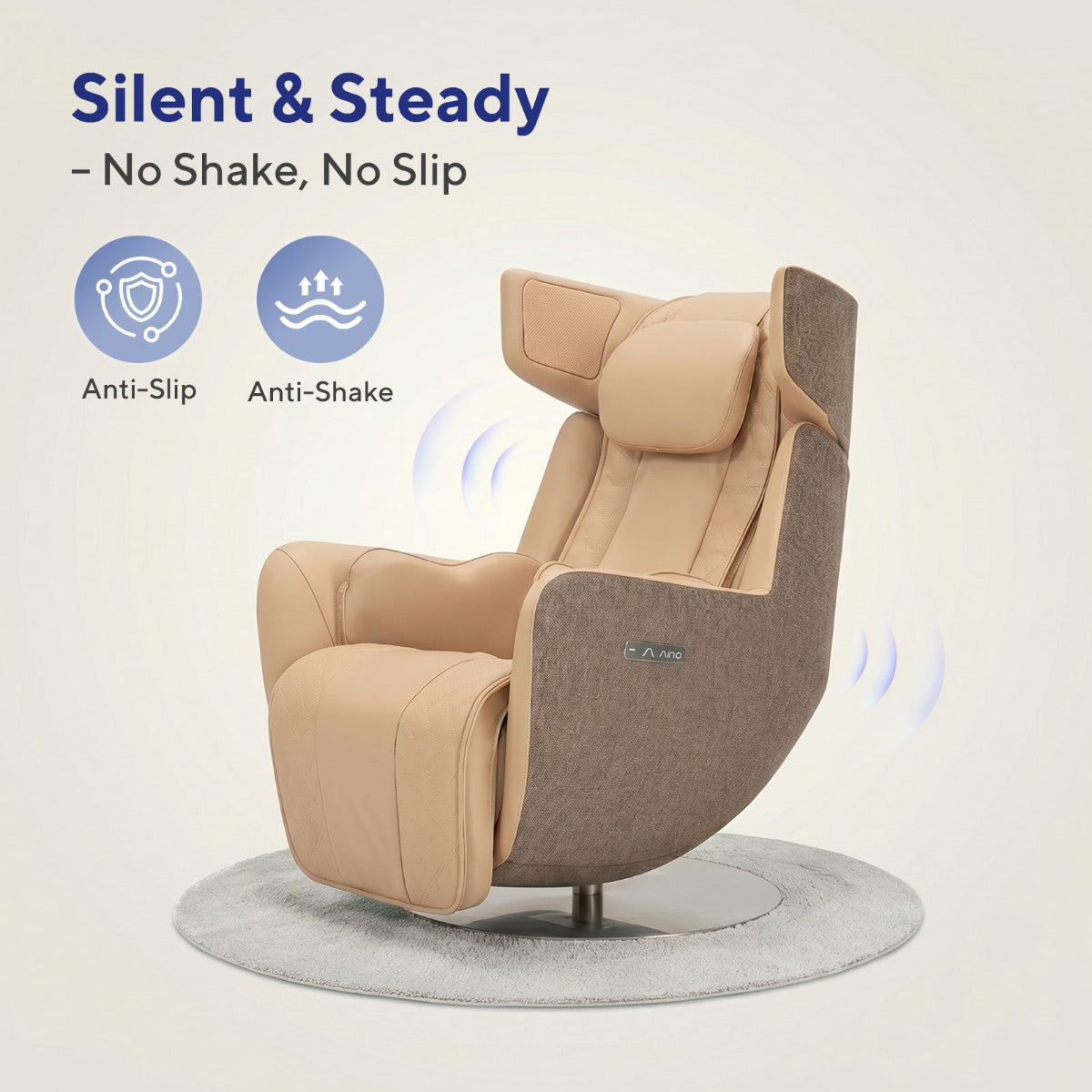 NA-RR120F-GR,Beige recliner chair with 'Silent & Steady' features on a light background