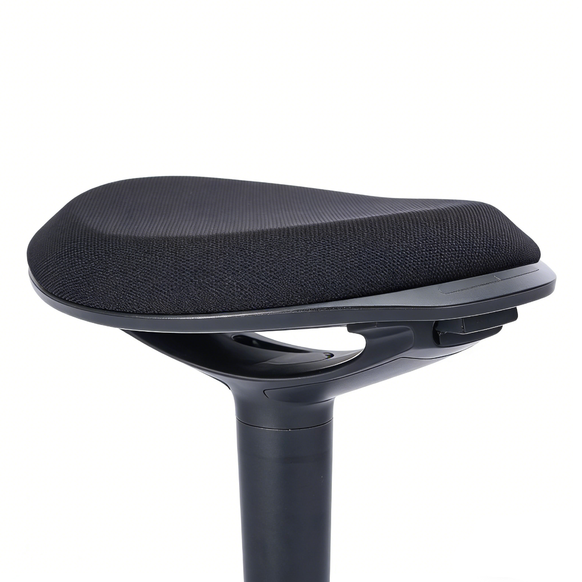 NH0-0019BL, close-up of a black active stool's seat, showcasing a padded mesh fabric cushion and a sleek, ergonomic plastic frame, set against a white background.