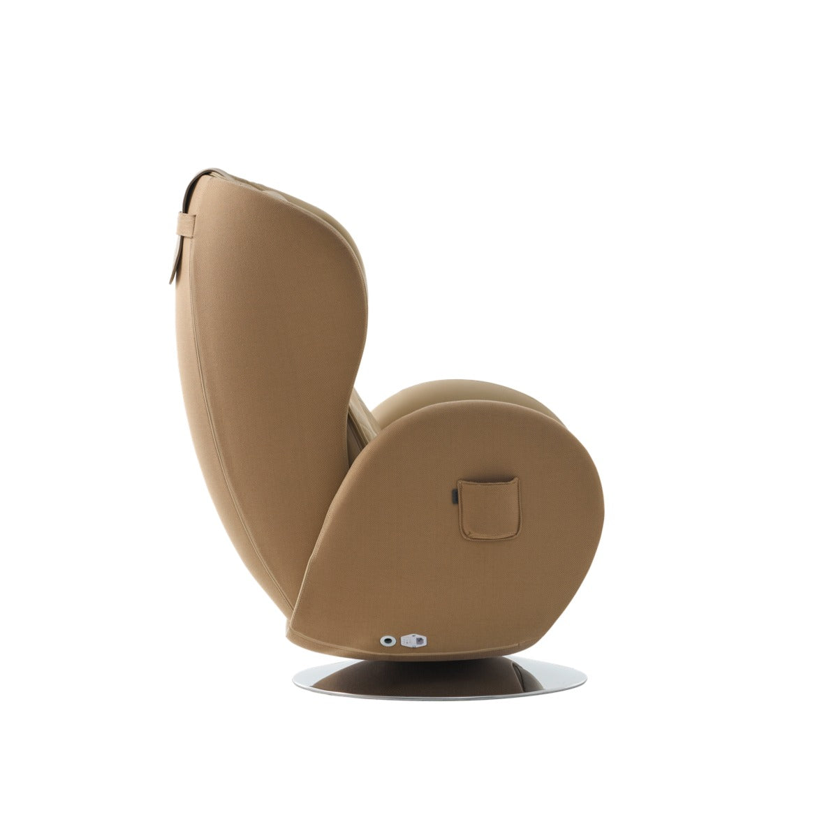 NR-SN100L-SD, a modern swivel armchair upholstered in a warm taupe-beige fabric, shown from a side profile view on a clean white background.