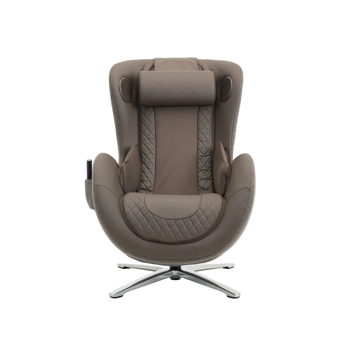 N-0003TB-V3, A high-back massage chair upholstered in taupe-brown leather with quilted details, featuring a silver five-star swivel base, shown against a plain white background.