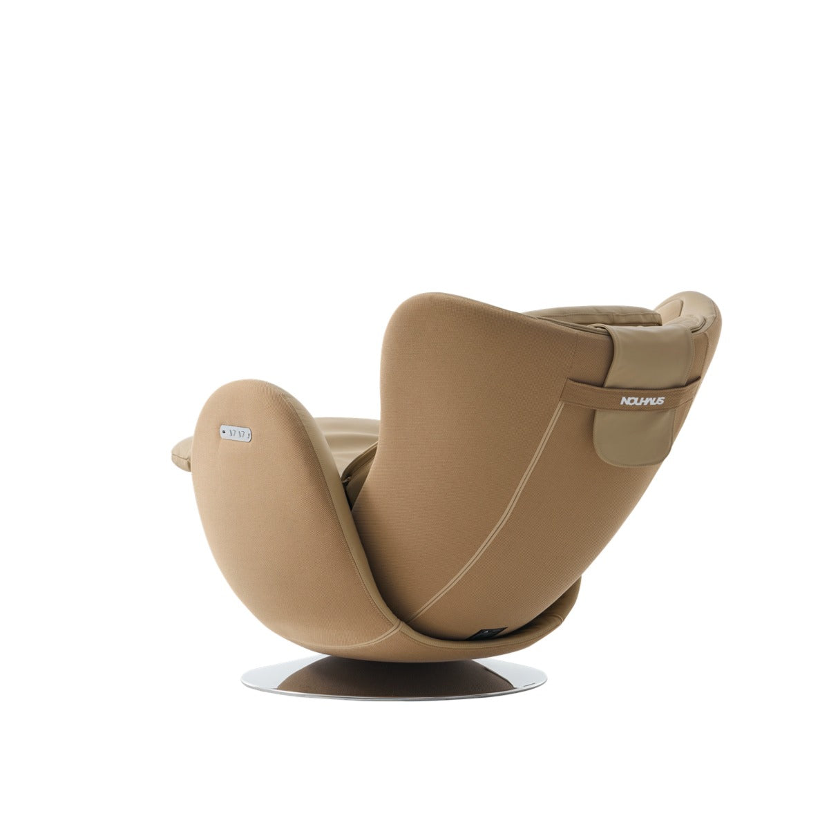 NR-SN100L-SD, a modern NOUHAUS brand swivel lounge chair in a warm tan/beige fabric, shown from a three-quarters angle on a clean white background.