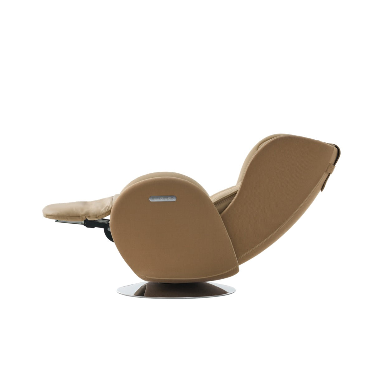 NR-SN100L-SD, a modern tan leather recliner chair with a chrome circular base, shown in a side profile view against a solid white background.