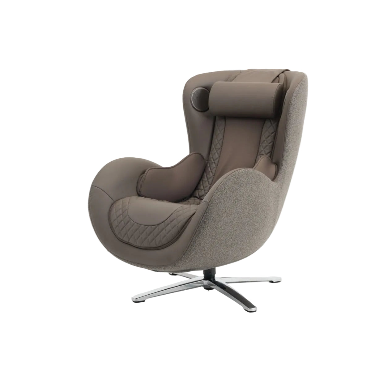 N-0003TB-V3, A modern high-back massage armchair in taupe and brown fabric with a quilted headrest and lumbar support, mounted on a chrome five-star swivel base, shown against a plain white background.