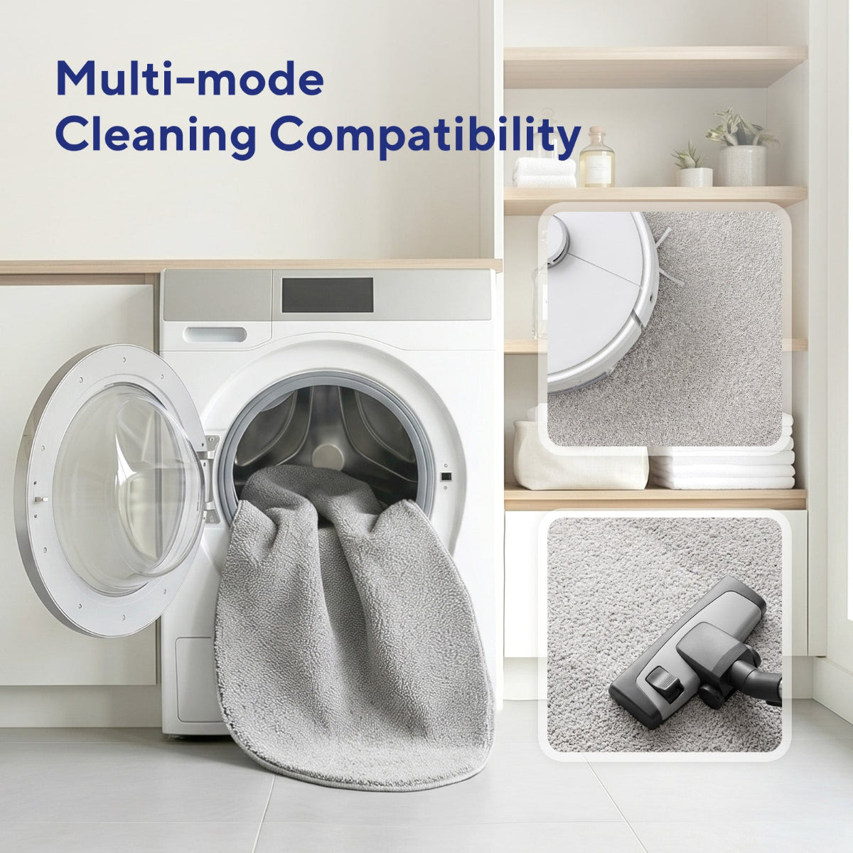 NA-RR120F-GR,Washing machine with open door, gray towel inside, vacuum cleaner on rug, and shelves with cleaning supplies.