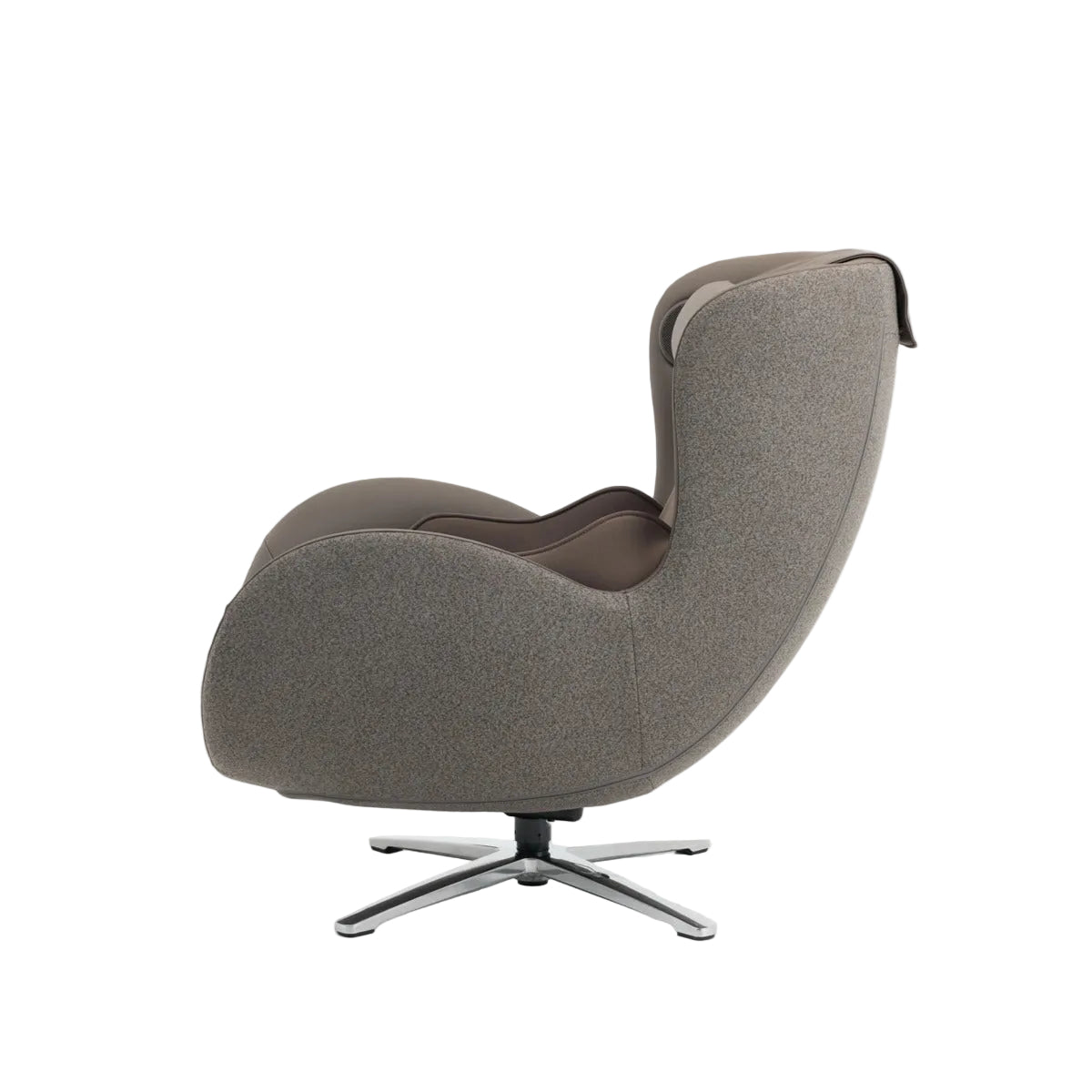 N-0003TB-V3, A modern egg-shaped upholstered accent chair in textured taupe fabric with dark brown leather inner panels and a chrome five-star swivel base, shown from a side profile on a white background.