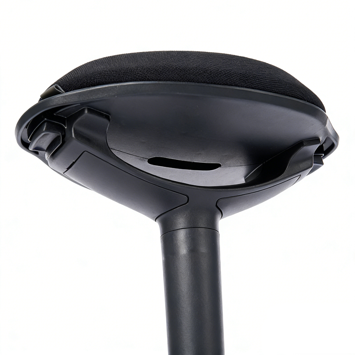NH0-0019BL, close-up of a black active stool's seat and frame, showcasing the padded fabric seat and ergonomic plastic base structure.