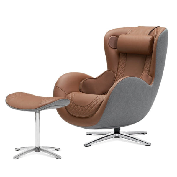 Brown and gray massage chair with ottoman on a white background