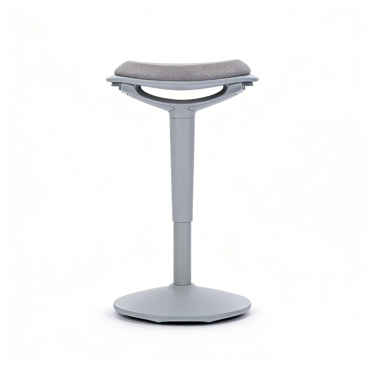 NH0-0019GR, gray ergonomic active stool with a padded fabric seat, height-adjustable column, and a stable round base, shown against a white background.