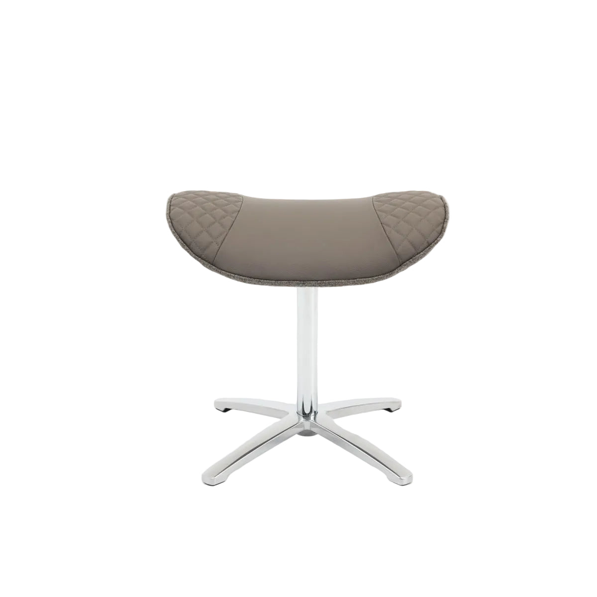 N-0003TB-V3, A modern semi-circular upholstered ottoman or small stool with a quilted taupe-brown seat and a polished silver metal star base, shown against a plain white background.