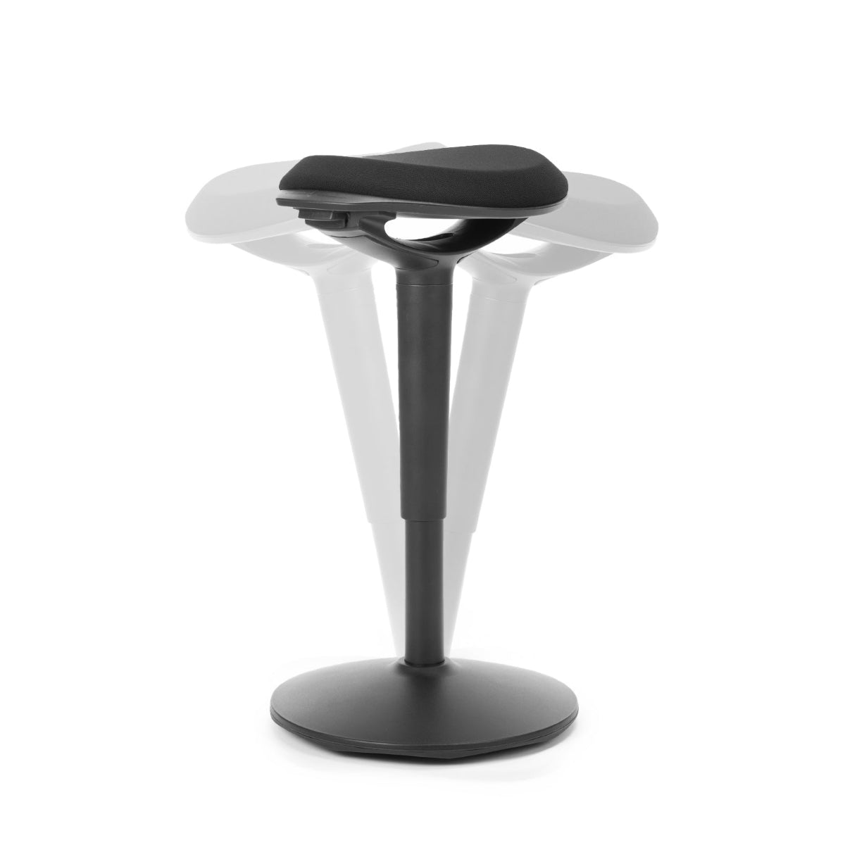 NH0-0019BL, front view of a black active stool, with ghosted overlay graphics showing its 360° swivel capability, presented against a white background.
