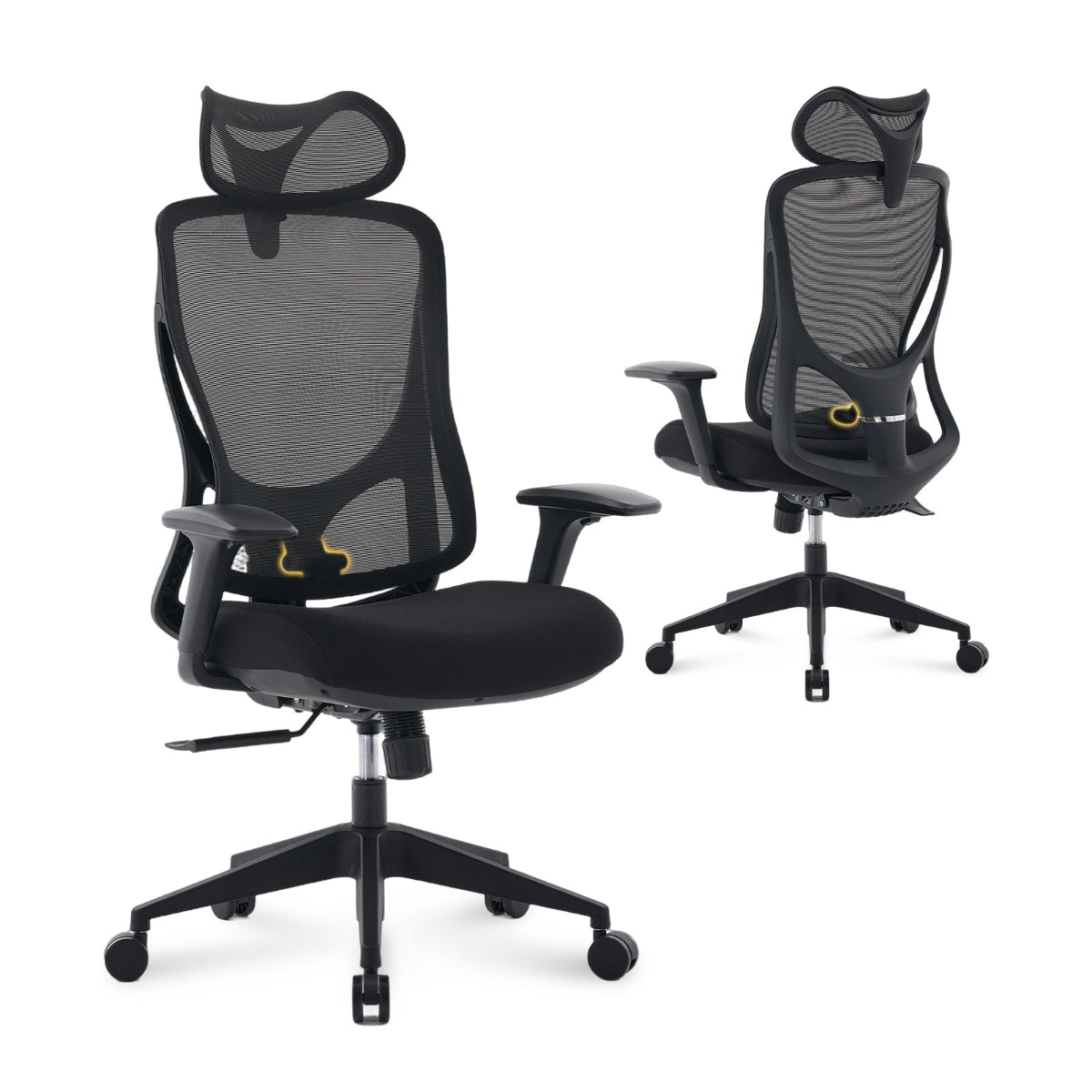 NHO-0026BL,Black office chair with mesh back and adjustable armrests on a white background