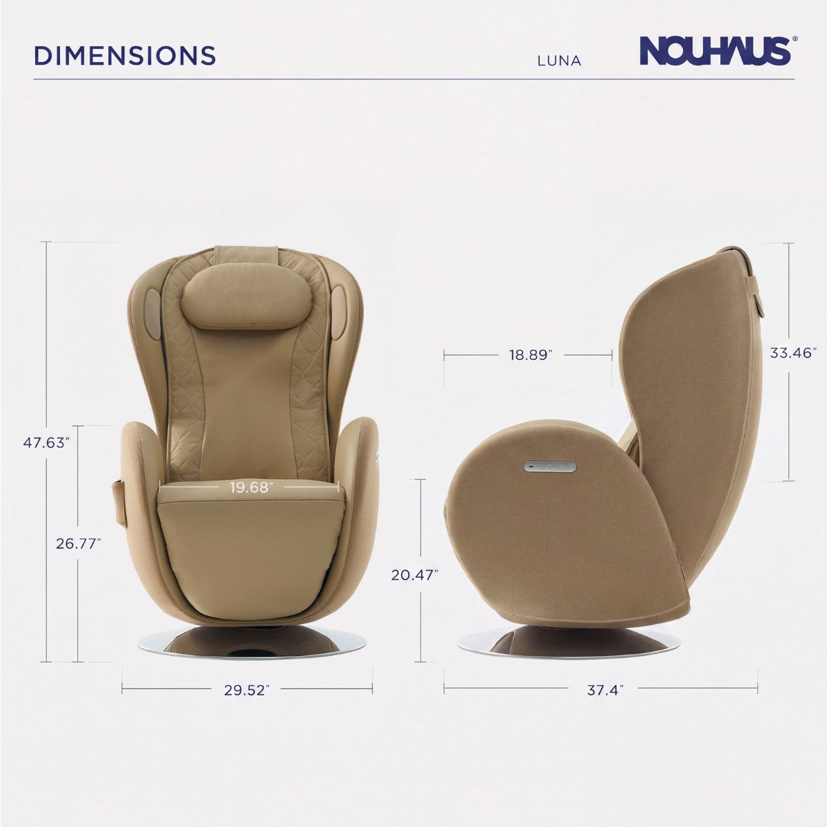 NR-SN100L-SD,  a beige upholstered lounge chair shown from two angles on a light gray background, with dimension lines and measurements labeled for height, width, and depth. The image includes the text 'DIMENSIONS', 'LUNA', and the NOUHAUS brand name.