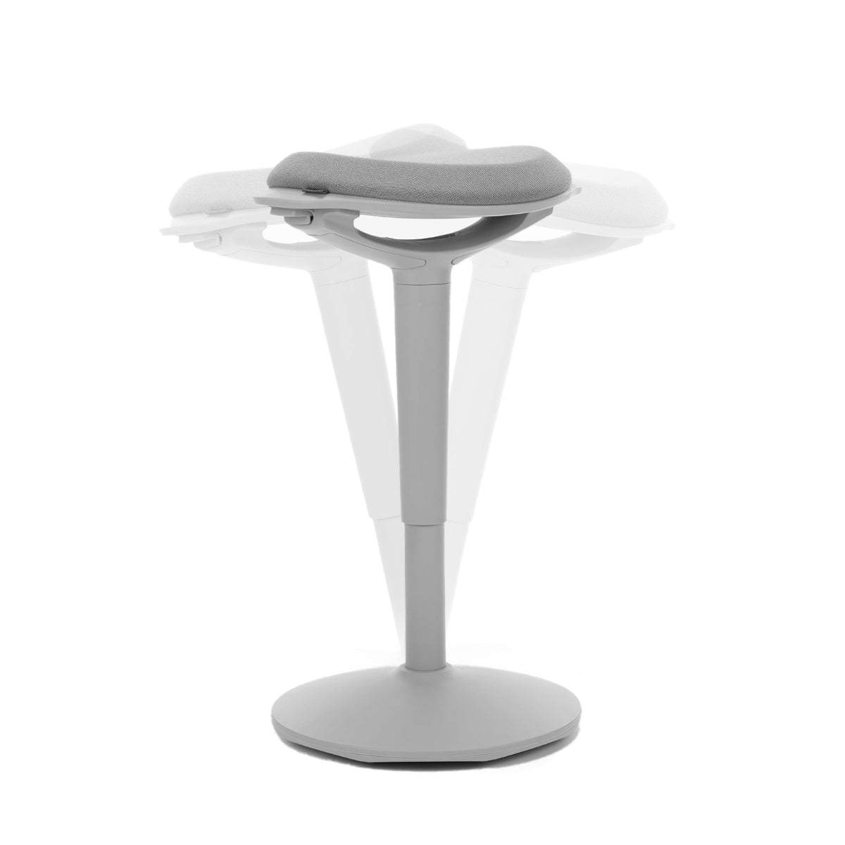 NH0-0019GR, front view of a gray active stool, with ghosted overlay graphics showing its 360° swivel capability, presented against a white background.