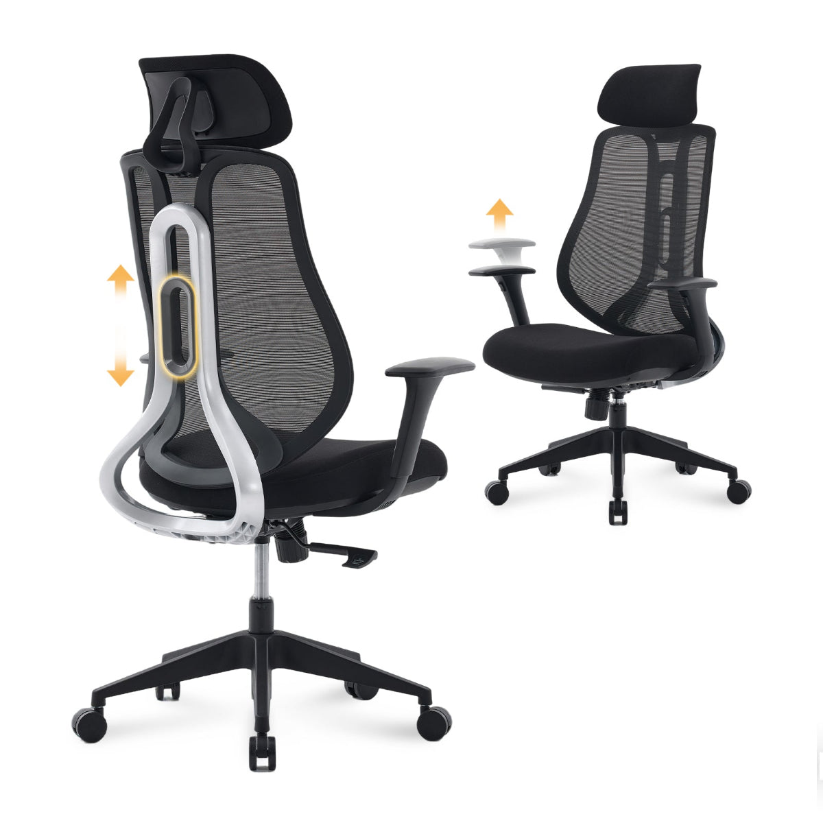 NHO-0025BL,Black office chair with mesh back and adjustable armrests on a white background